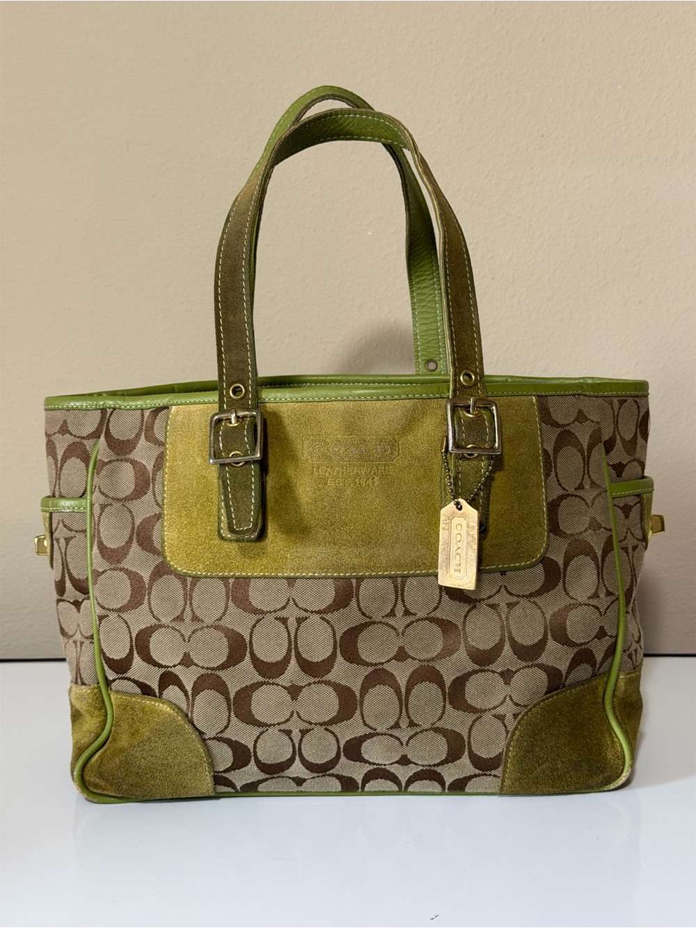 Y2K Coach Lime Green Signature Canvas Tote with Suede Accents